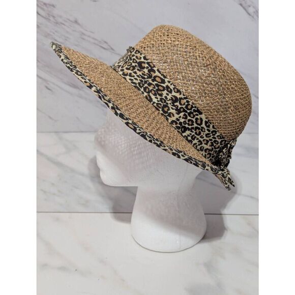 Unbranded Women's Tan & Black Leopard Print Trim & Band Natural Straw Fiber Hat - Picture 1 of 6